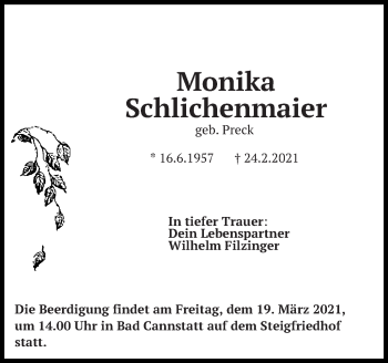 Traueranzeige von Monika Schlichenmaier von Eßlinger Zeitung/Cannstatter Zeitung