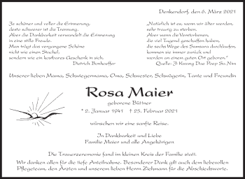 Traueranzeige von Rosa Maier von Eßlinger Zeitung/Cannstatter Zeitung