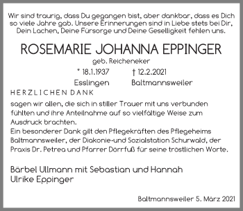Traueranzeige von Rosemarie Johanna Eppinger von Eßlinger Zeitung/Cannstatter Zeitung