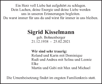 Traueranzeige von Sigrid Kisselmann von Eßlinger Zeitung/Cannstatter Zeitung