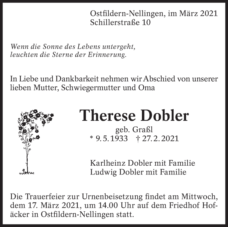  Traueranzeige für Therese Dobler vom 11.03.2021 aus Eßlinger Zeitung/Cannstatter Zeitung