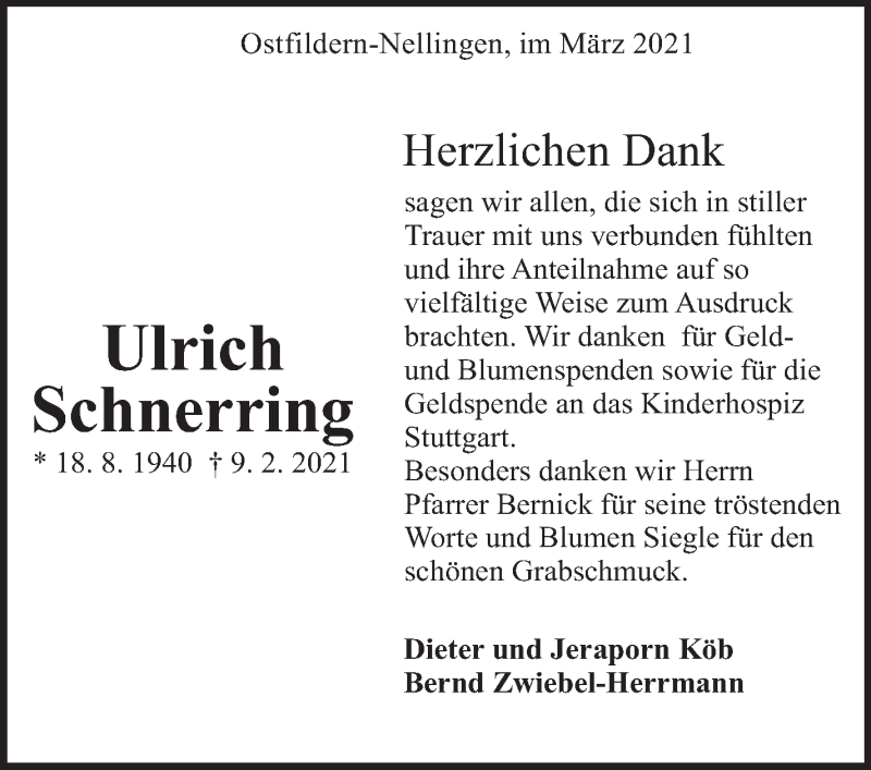  Traueranzeige für Ulrich Schnerring vom 06.03.2021 aus Eßlinger Zeitung/Cannstatter Zeitung