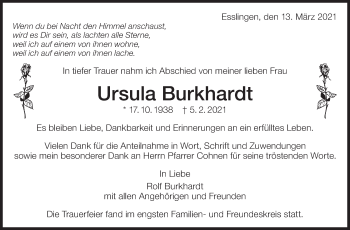 Traueranzeige von Ursula Burkhardt von Eßlinger Zeitung/Cannstatter Zeitung
