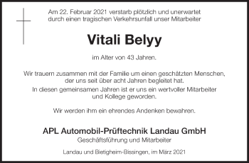 Traueranzeige von Vitali Belyy von Eßlinger Zeitung/Cannstatter Zeitung