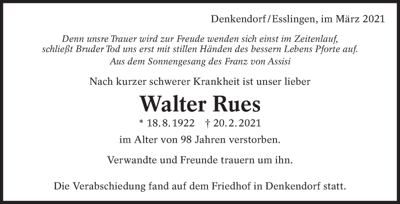  Traueranzeige für Walter Rues vom 06.03.2021 aus Eßlinger Zeitung/Cannstatter Zeitung