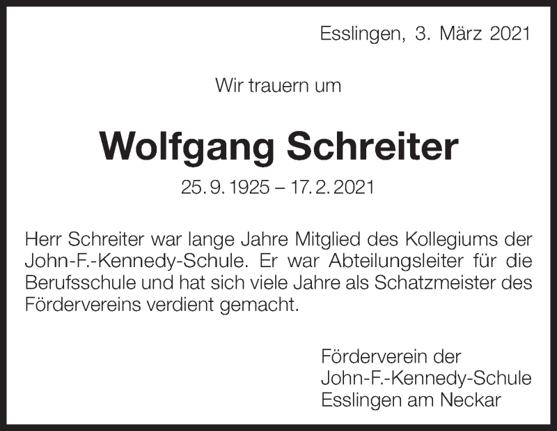  Traueranzeige für Wolfgang Schreiter vom 05.03.2021 aus Eßlinger Zeitung/Cannstatter Zeitung