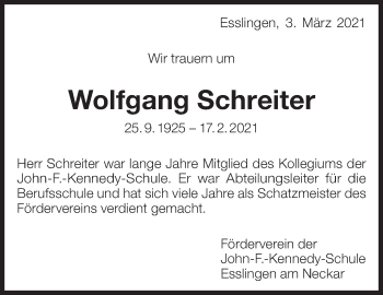Traueranzeige von Wolfgang Schreiter von Eßlinger Zeitung/Cannstatter Zeitung