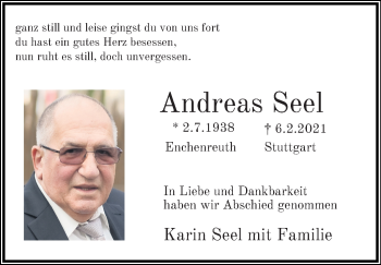 Traueranzeige von Andreas Seel von Eßlinger Zeitung/Cannstatter Zeitung