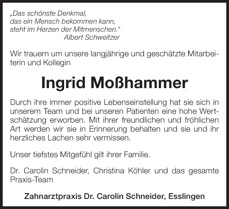  Traueranzeige für Ingrid Moßhammer vom 24.04.2021 aus Eßlinger Zeitung/Cannstatter Zeitung
