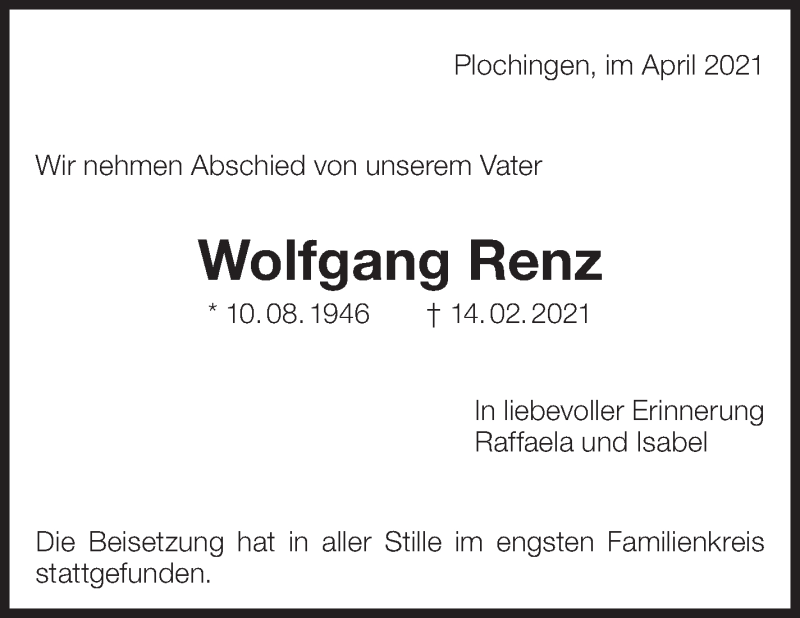  Traueranzeige für Wolfgang Renz vom 17.04.2021 aus Eßlinger Zeitung/Cannstatter Zeitung