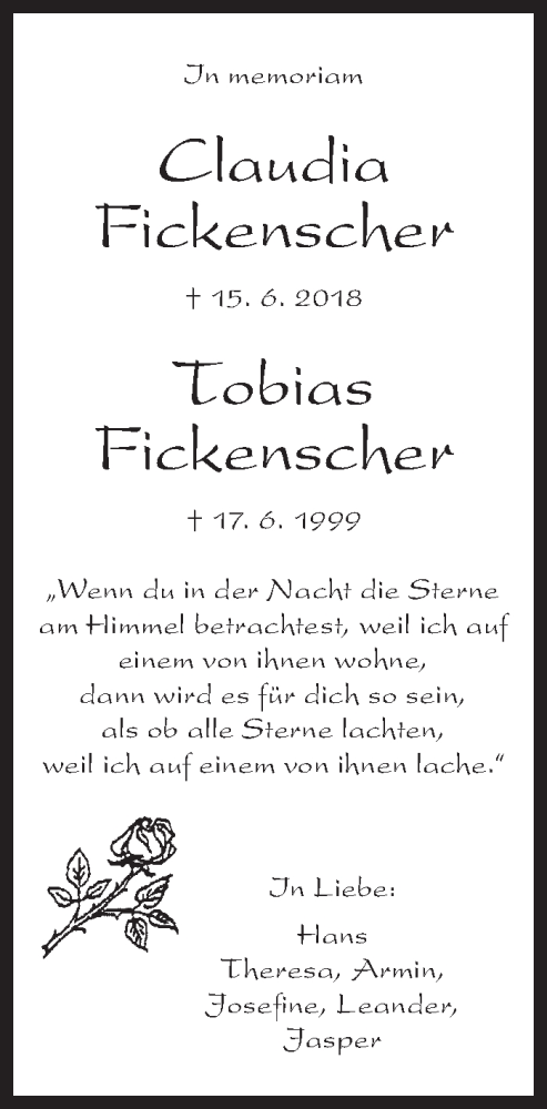  Traueranzeige für Claudia Fickenscher vom 17.06.2021 aus Eßlinger Zeitung/Cannstatter Zeitung