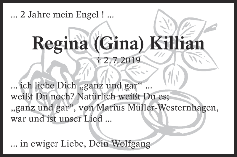  Traueranzeige für Regina Killian vom 02.07.2021 aus Eßlinger Zeitung/Cannstatter Zeitung