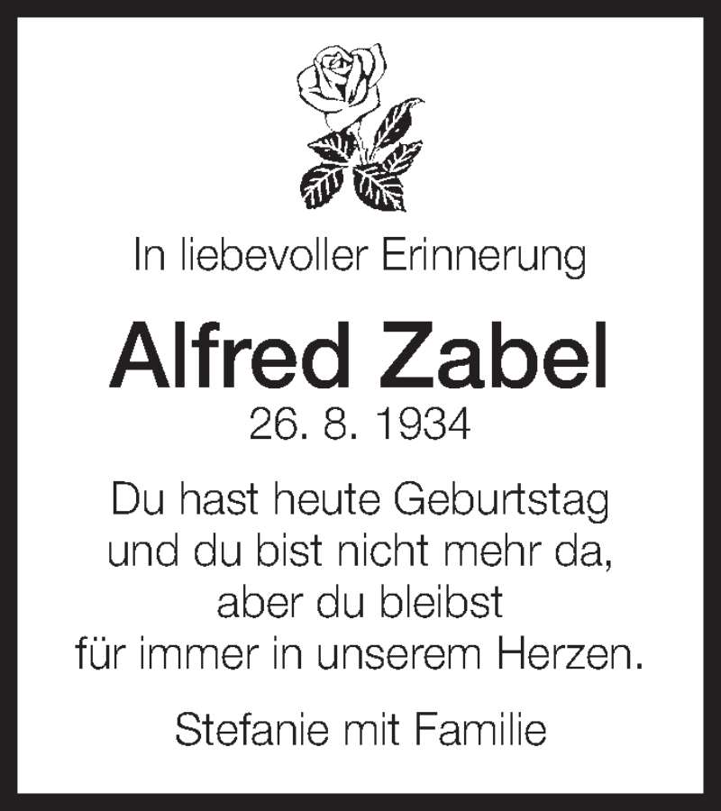  Traueranzeige für Alfred Zabel vom 26.08.2021 aus Eßlinger Zeitung/Cannstatter Zeitung