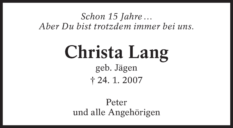  Traueranzeige für Christa Lang vom 24.01.2022 aus Eßlinger Zeitung/Cannstatter Zeitung