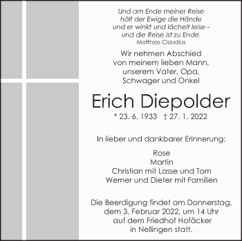 Traueranzeige von Erich Diepolder von Eßlinger Zeitung/Cannstatter Zeitung