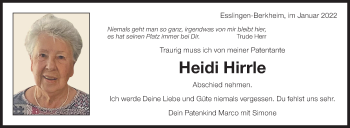 Traueranzeige von Heidi Hirrle von Eßlinger Zeitung/Cannstatter Zeitung