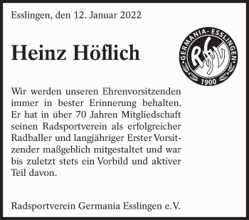 Traueranzeige von Heinz Höfich von Eßlinger Zeitung/Cannstatter Zeitung