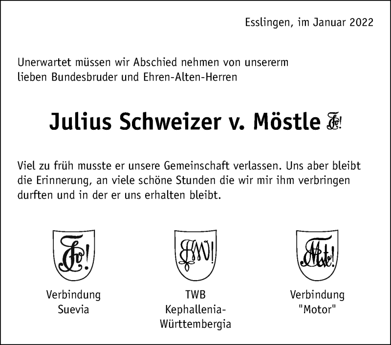  Traueranzeige für Julius Schweizer v. Möstle vom 20.01.2022 aus Eßlinger Zeitung/Cannstatter Zeitung