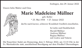 Traueranzeige von Marie Madeleine Müllner von Eßlinger Zeitung/Cannstatter Zeitung