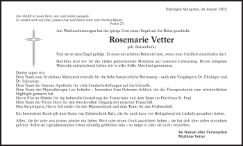 Traueranzeige von Rosemarie Vetter von Eßlinger Zeitung/Cannstatter Zeitung