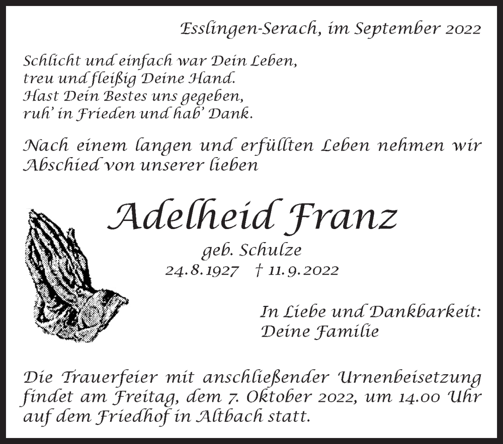  Traueranzeige für Adelheid Franz vom 30.09.2022 aus Eßlinger Zeitung/Cannstatter Zeitung