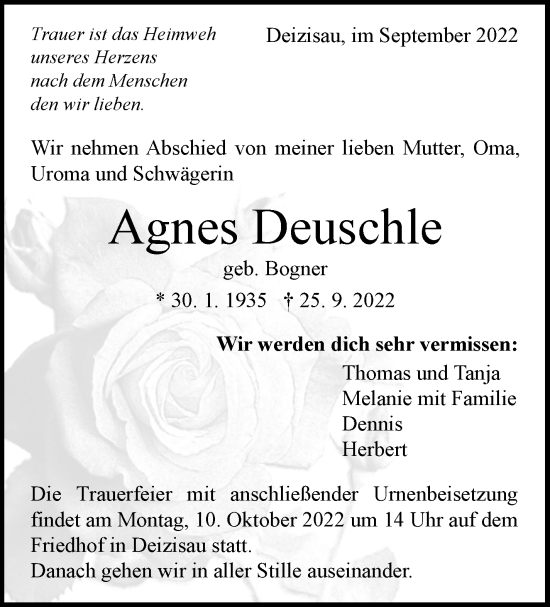 Traueranzeige von Agnes Deuschle von Eßlinger Zeitung/Cannstatter Zeitung