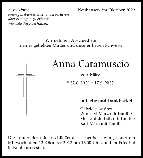 Traueranzeige von Anna Caramuscio von Eßlinger Zeitung/Cannstatter Zeitung