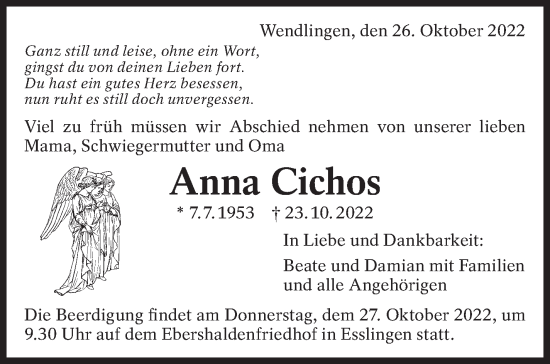 Traueranzeige von Anna Cichos von Eßlinger Zeitung/Cannstatter Zeitung