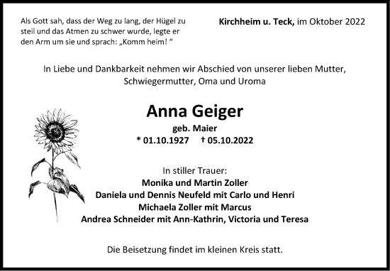 Traueranzeige von Anna Geiger von Eßlinger Zeitung/Cannstatter Zeitung
