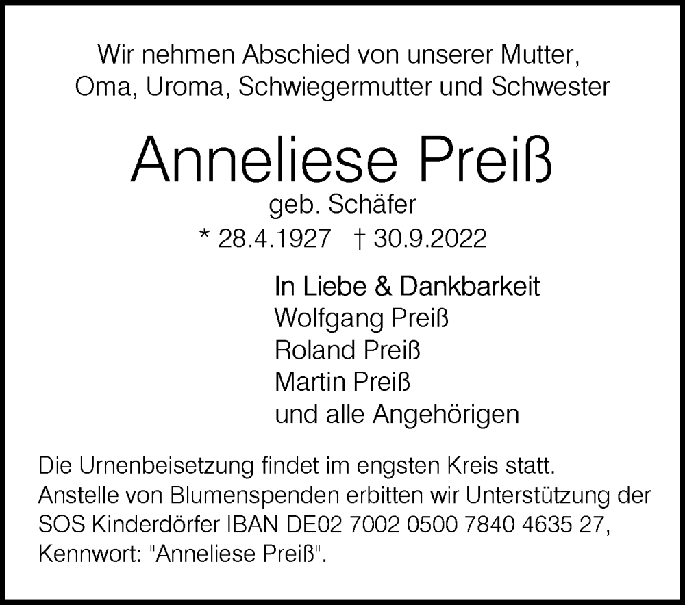  Traueranzeige für Anneliese Preiß vom 18.10.2022 aus Eßlinger Zeitung/Cannstatter Zeitung