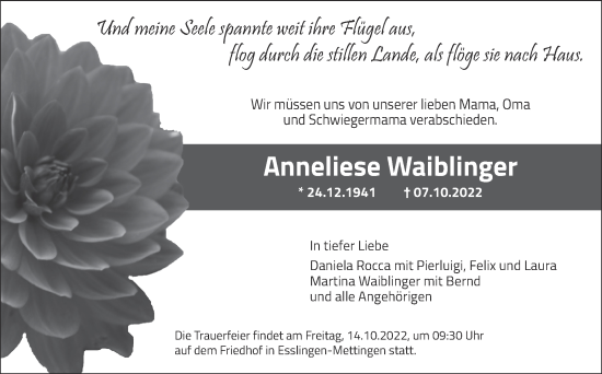 Traueranzeige von Anneliese Waiblinger von Eßlinger Zeitung/Cannstatter Zeitung