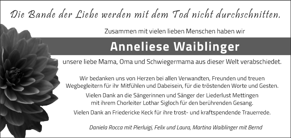 Traueranzeige für Anneliese Waiblinger vom 26.10.2022 aus Eßlinger Zeitung/Cannstatter Zeitung
