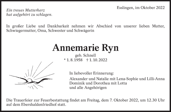 Traueranzeige von Annemarie Ryn von Eßlinger Zeitung/Cannstatter Zeitung