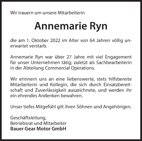 Traueranzeige von Annemarie Ryn von Eßlinger Zeitung/Cannstatter Zeitung