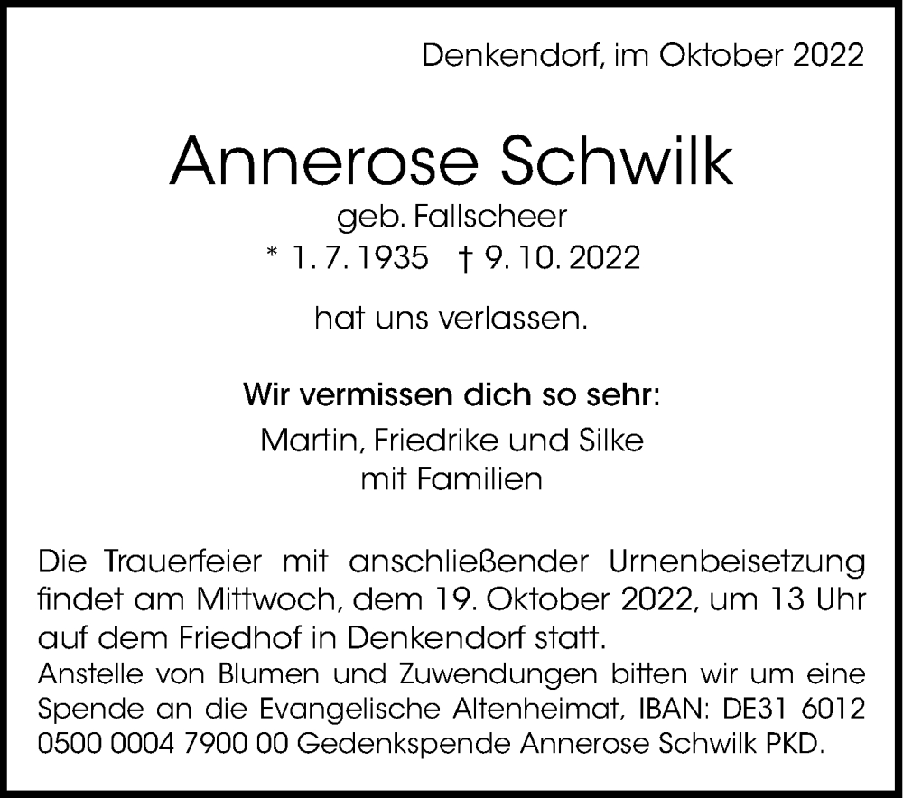  Traueranzeige für Annerose Schwilk vom 14.10.2022 aus Eßlinger Zeitung/Cannstatter Zeitung