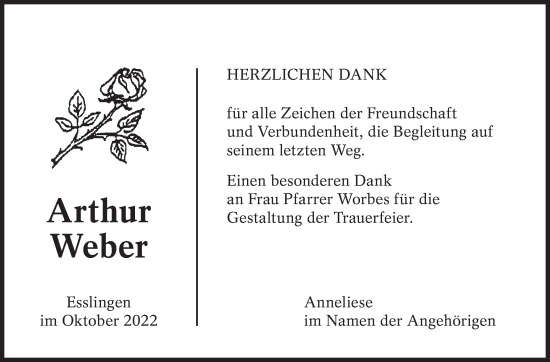 Traueranzeige von Arthur Weber von Eßlinger Zeitung/Cannstatter Zeitung