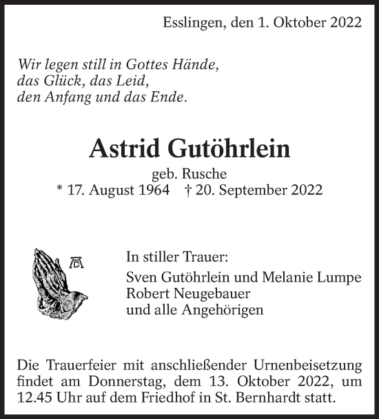Traueranzeige von Astrid Gutöhrlein von Eßlinger Zeitung/Cannstatter Zeitung