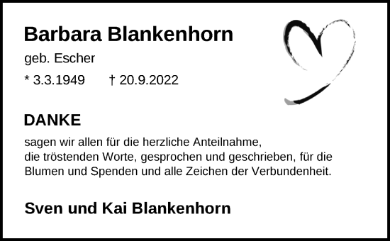 Traueranzeige von Barbara Blankenhorn von Eßlinger Zeitung/Cannstatter Zeitung