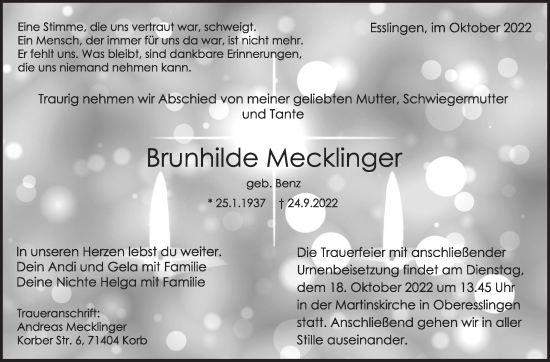 Traueranzeige von Brunhilde Mecklinger von Eßlinger Zeitung/Cannstatter Zeitung