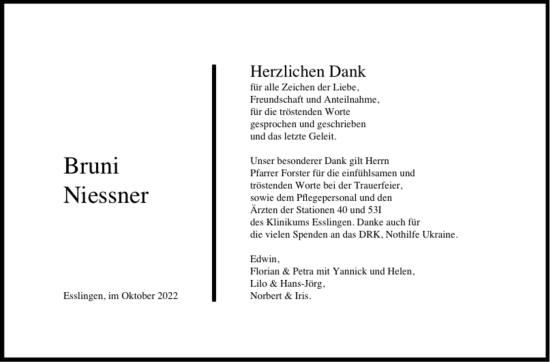 Traueranzeige von Bruni Niessner von Eßlinger Zeitung/Cannstatter Zeitung