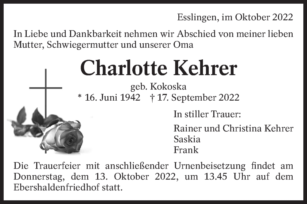  Traueranzeige für Charlotte Kehrer vom 01.10.2022 aus Eßlinger Zeitung/Cannstatter Zeitung