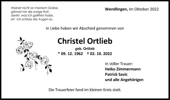 Traueranzeige von Christel Ortlieb von Eßlinger Zeitung/Cannstatter Zeitung