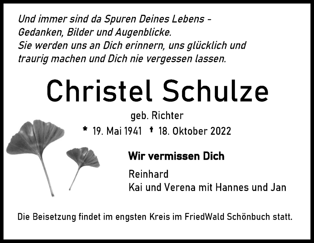  Traueranzeige für Christel Schulze vom 29.10.2022 aus Eßlinger Zeitung/Cannstatter Zeitung