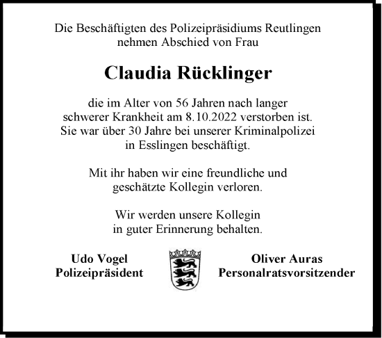 Traueranzeige von Claudia Rücklinger von Eßlinger Zeitung/Cannstatter Zeitung