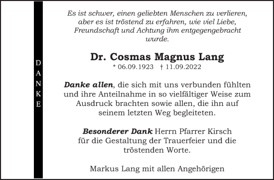 Traueranzeige von Cosmas Magnus Lang von Eßlinger Zeitung/Cannstatter Zeitung