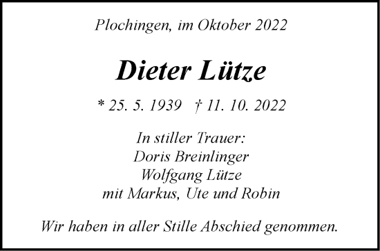 Traueranzeige von Dieter Lütze von Eßlinger Zeitung/Cannstatter Zeitung