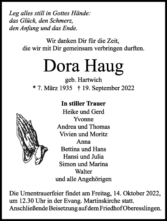 Traueranzeige von Dora Haug von Eßlinger Zeitung/Cannstatter Zeitung