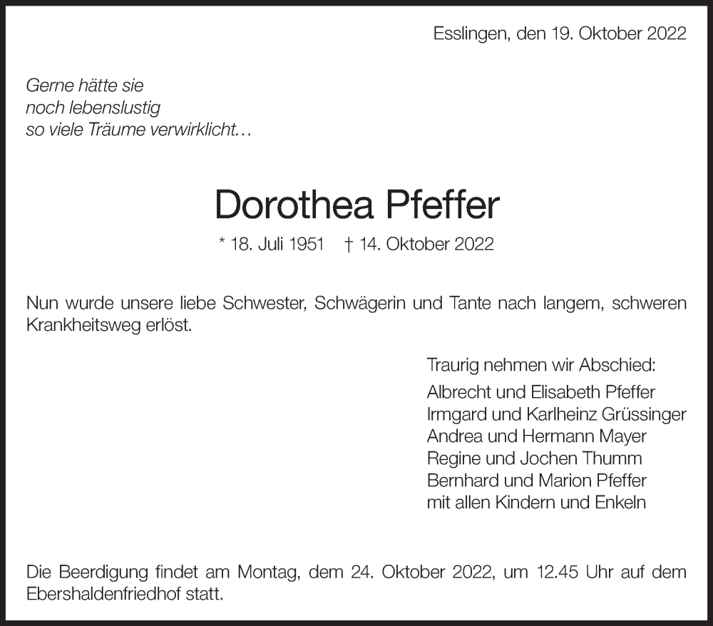  Traueranzeige für Dorothea Pfeffer vom 19.10.2022 aus Eßlinger Zeitung/Cannstatter Zeitung