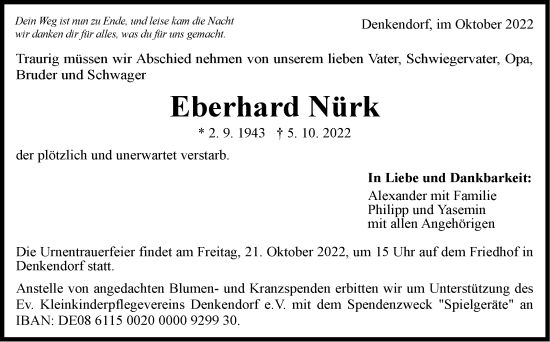 Traueranzeige von Eberhard Nürk von Eßlinger Zeitung/Cannstatter Zeitung
