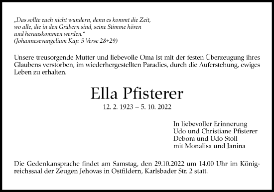 Traueranzeige von Ella Pfisterer von Eßlinger Zeitung/Cannstatter Zeitung